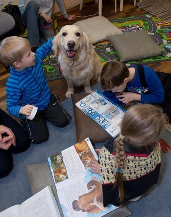 Projeto rene crianas e cachorros em biblioteca na Estnia. Animais ajudam no desenvolvimento da confiana e sociabilidade, segundo organizadores