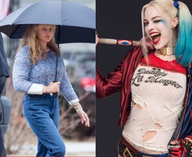 Roupa clássica de bobo da corte de Arlequina foi testada em Margot Robbie