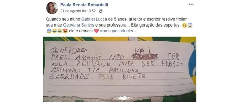 Mãe de menino que escreveu “bilete” faz desabafo após críticas